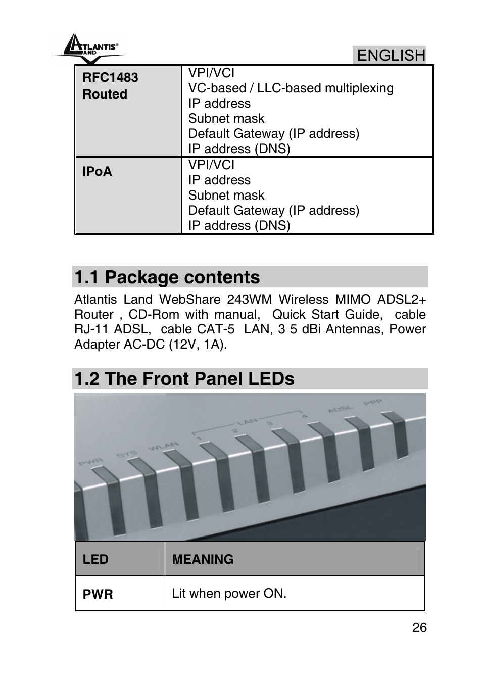 1 package contents, 2 the front panel leds, English | Atlantis Land WebShare A02-RA243-W54M User Manual | Page 25 / 85