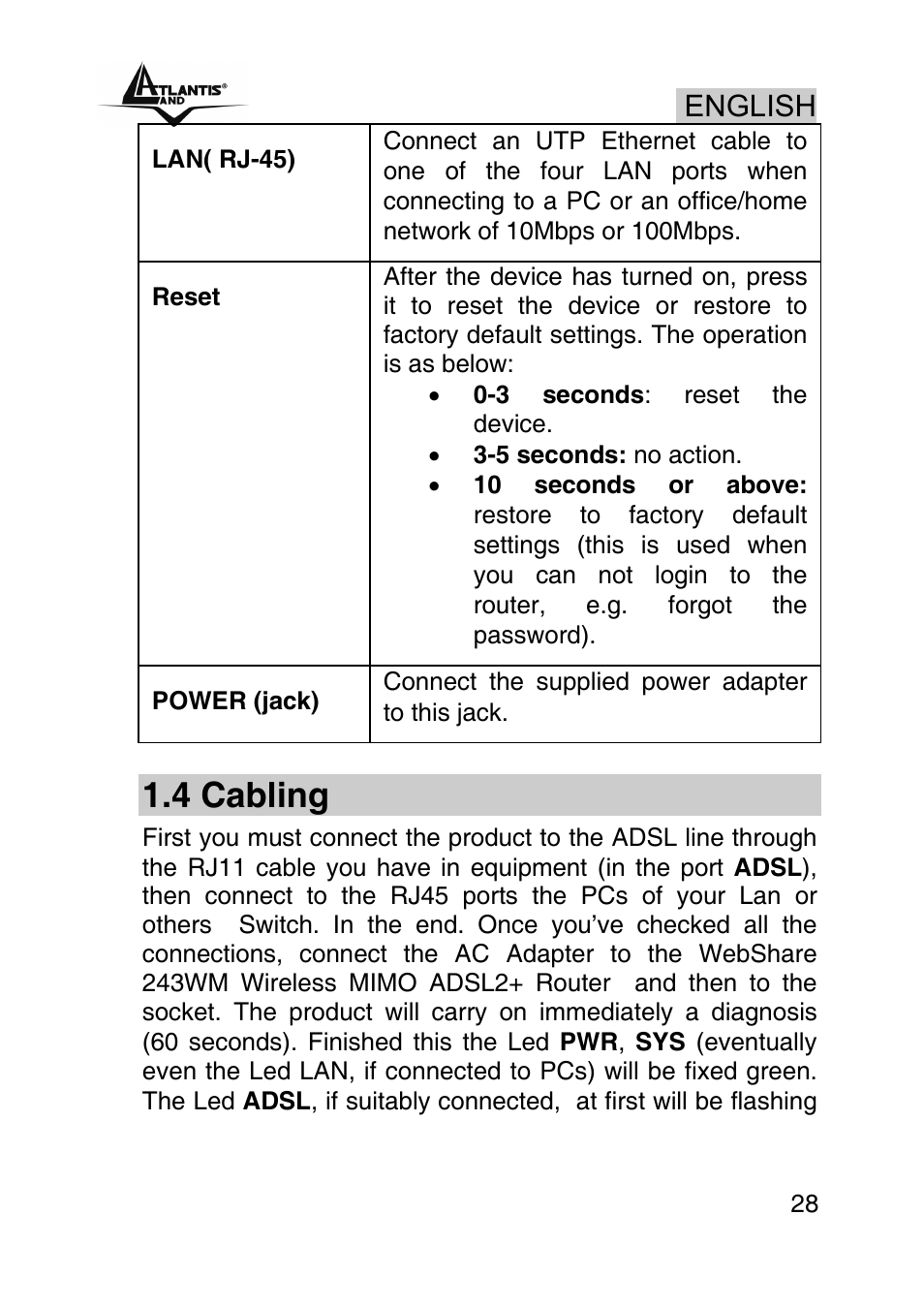 4 cabling, English | Atlantis Land WebShare A02-RA243-W54M User Manual | Page 27 / 85