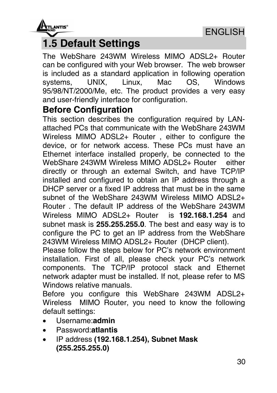 5 default settings | Atlantis Land WebShare A02-RA243-W54M User Manual | Page 29 / 85