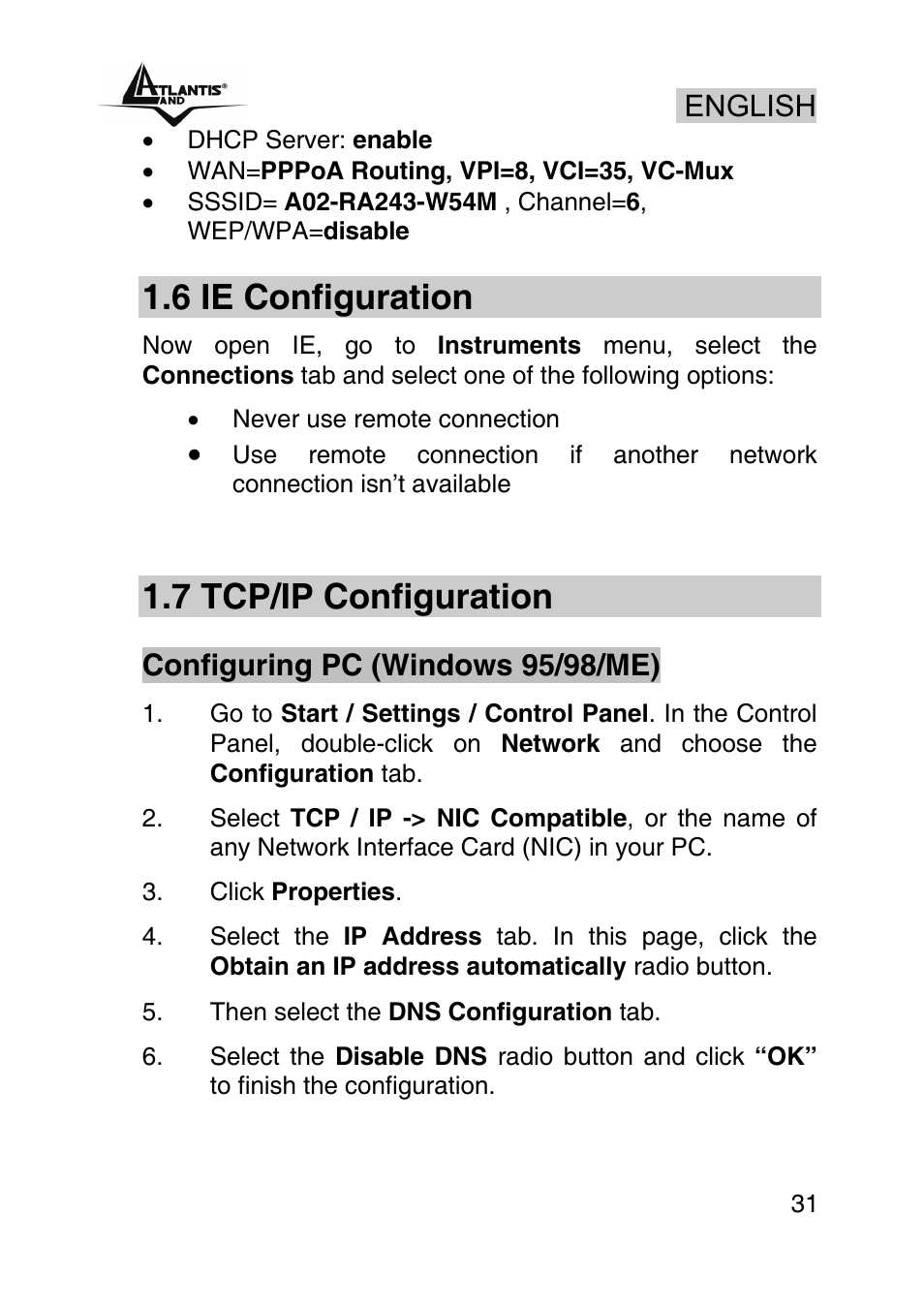 6 ie configuration, 7 tcp/ip configuration, English | Configuring pc (windows 95/98/me) | Atlantis Land WebShare A02-RA243-W54M User Manual | Page 30 / 85