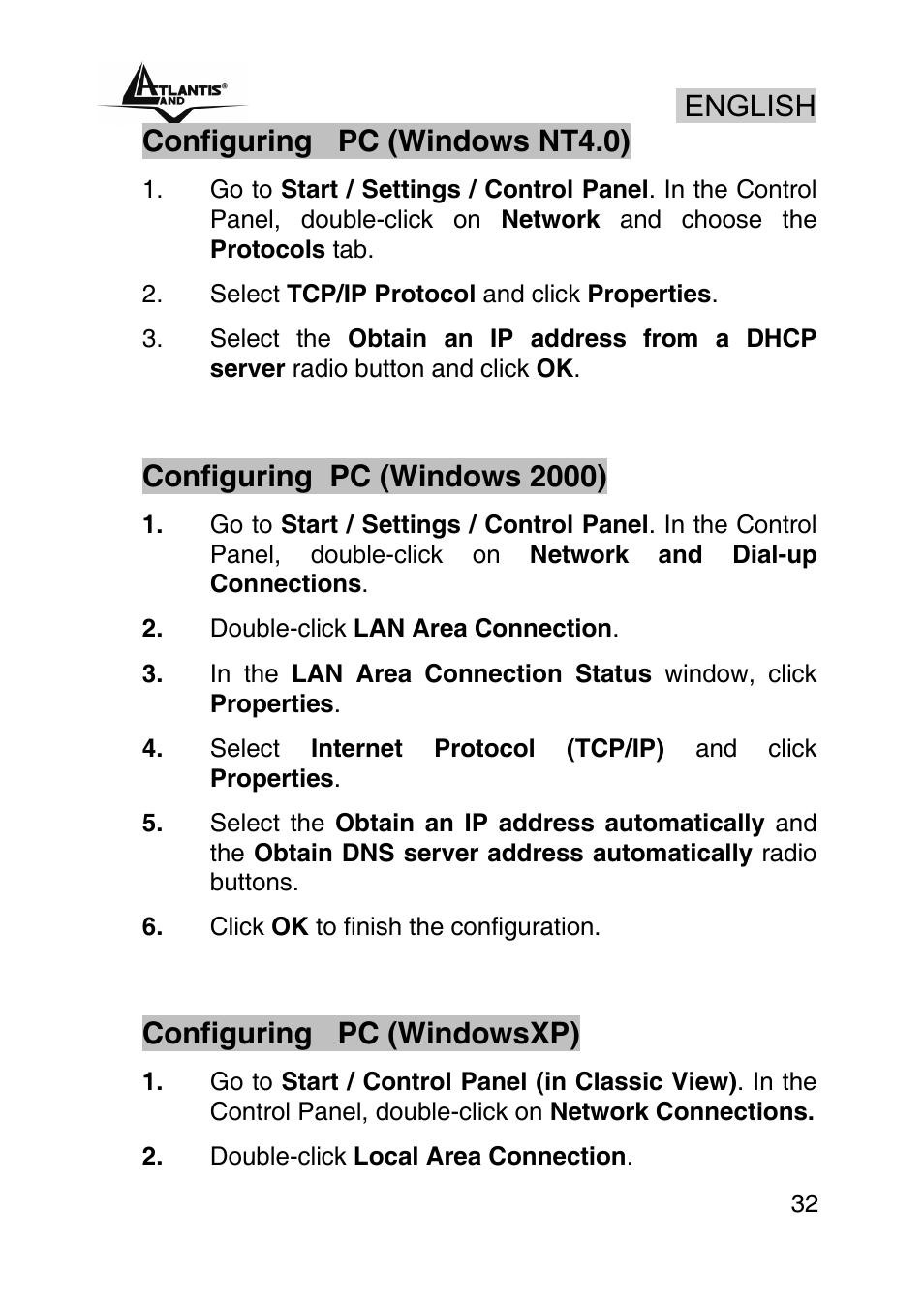 English, Configuring pc (windows nt4.0), Configuring pc (windows 2000) | Configuring pc (windowsxp) | Atlantis Land WebShare A02-RA243-W54M User Manual | Page 31 / 85