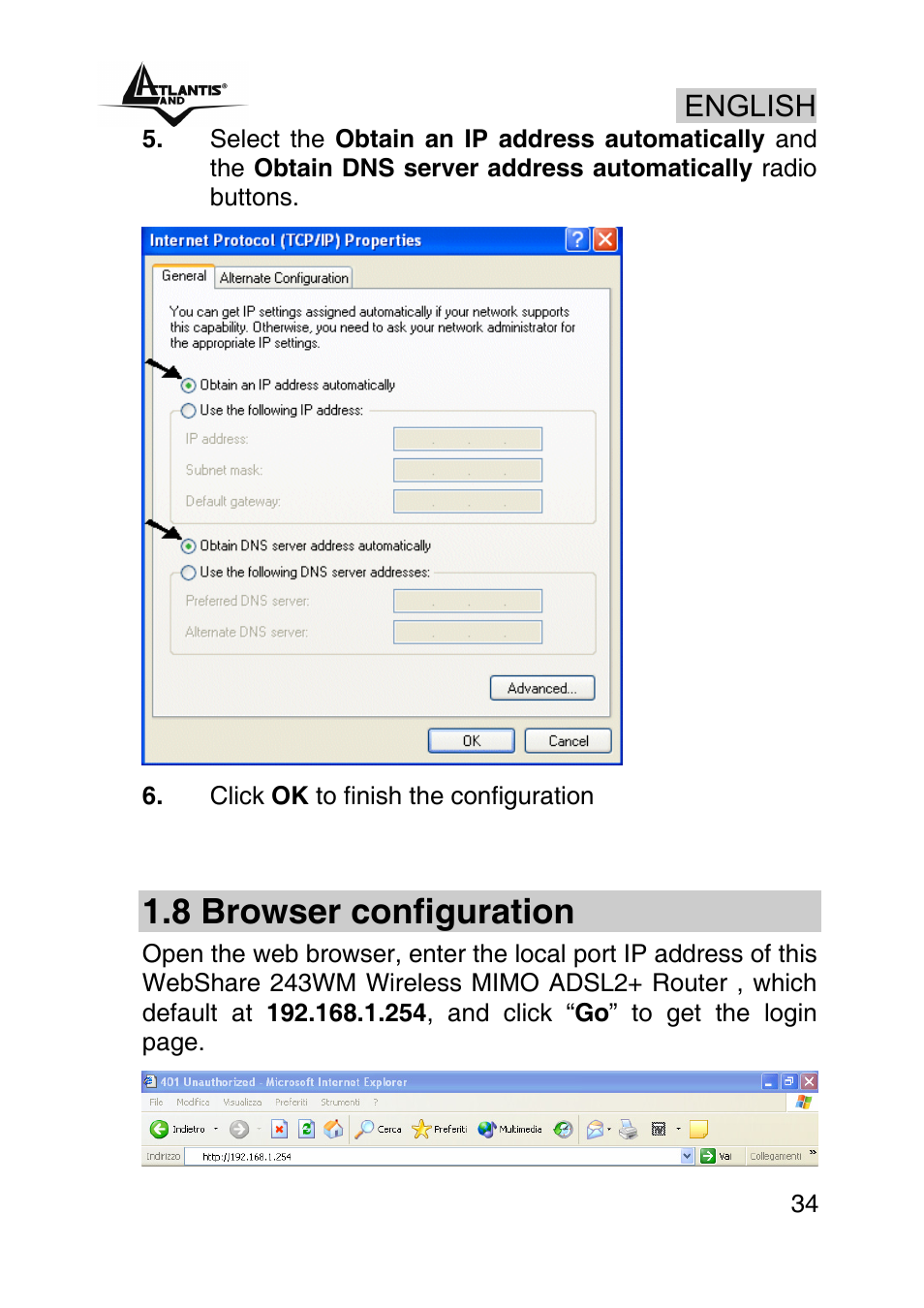 8 browser configuration, English | Atlantis Land WebShare A02-RA243-W54M User Manual | Page 33 / 85