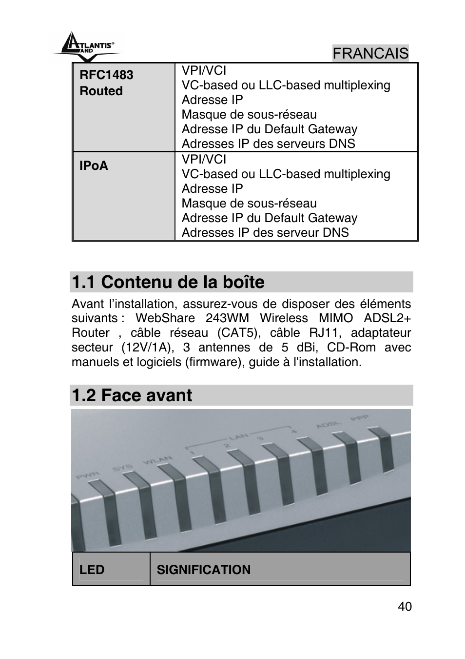 1 contenu de la boîte, 2 face avant | Atlantis Land WebShare A02-RA243-W54M User Manual | Page 39 / 85