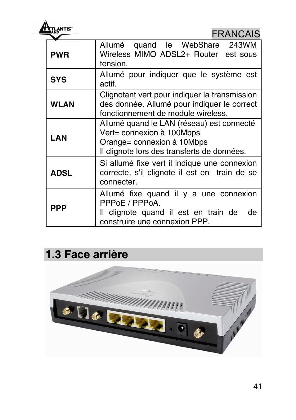 3 face arrière, Francais | Atlantis Land WebShare A02-RA243-W54M User Manual | Page 40 / 85