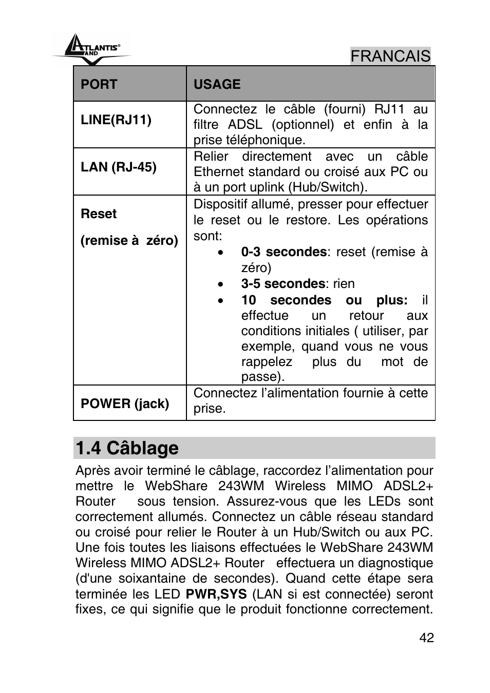 4 câblage, Francais | Atlantis Land WebShare A02-RA243-W54M User Manual | Page 41 / 85