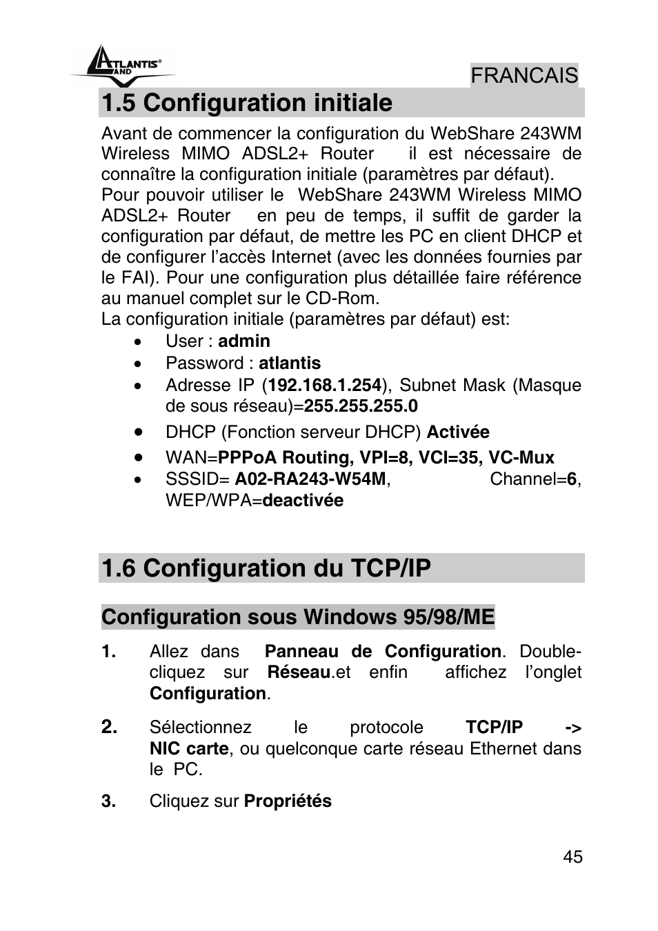 5 configuration initiale, 6 configuration du tcp/ip | Atlantis Land WebShare A02-RA243-W54M User Manual | Page 44 / 85