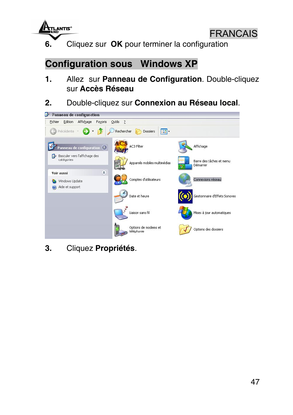 Francais, Configuration sous windows xp | Atlantis Land WebShare A02-RA243-W54M User Manual | Page 46 / 85