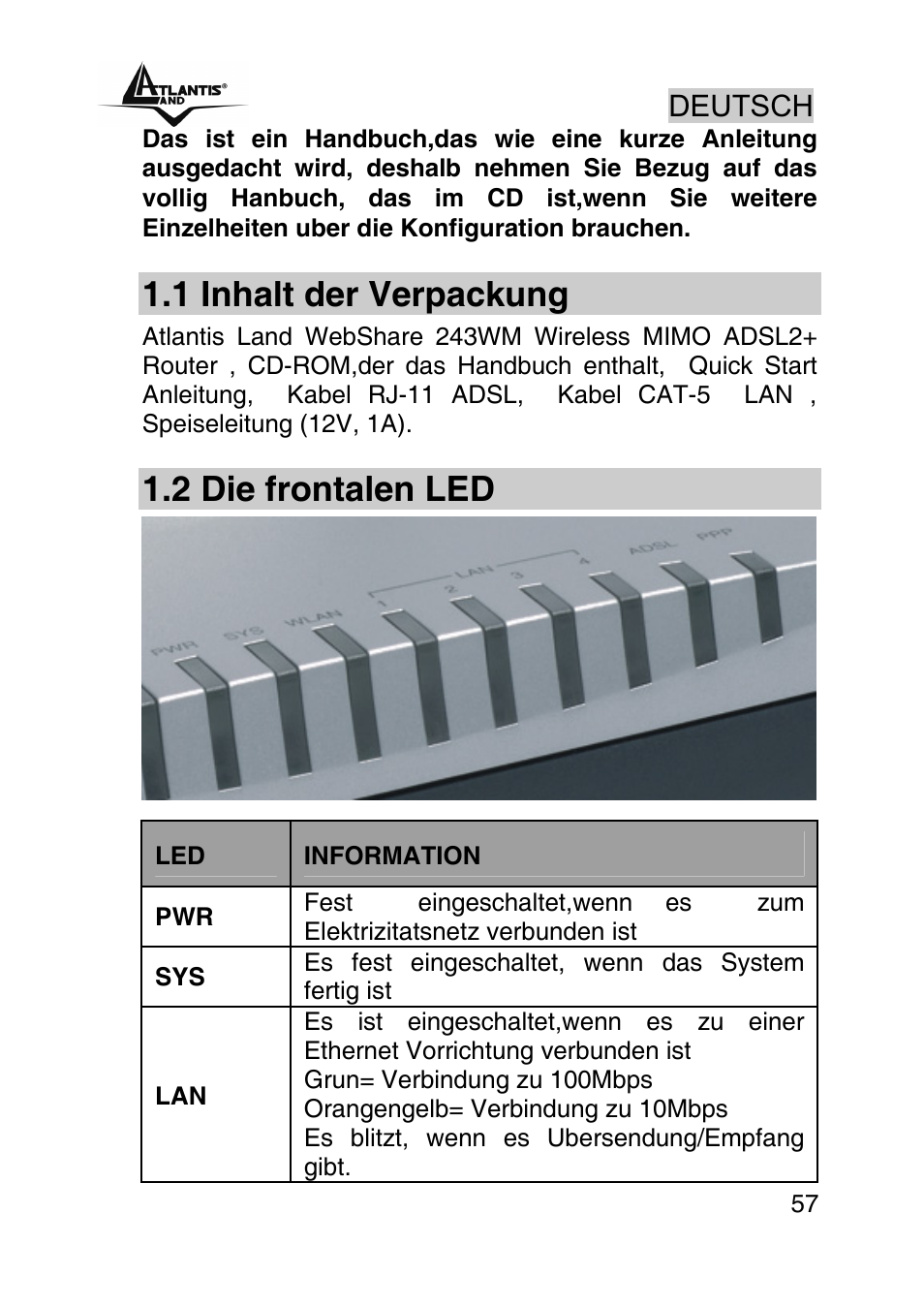 Deutsch, 1 inhalt der verpackung, 2 die frontalen led | Atlantis Land WebShare A02-RA243-W54M User Manual | Page 56 / 85