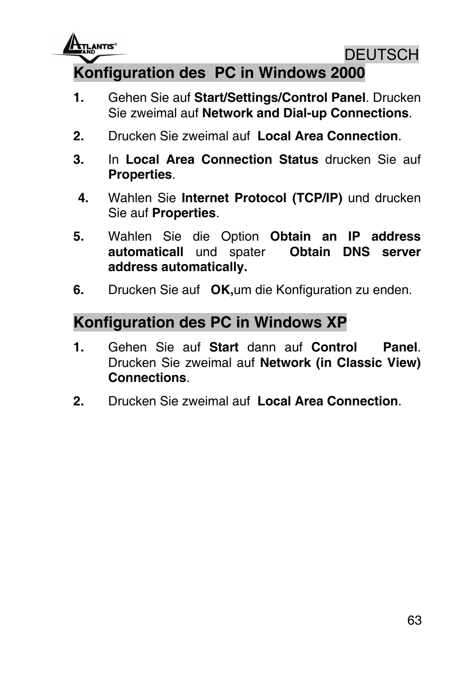 Deutsch, Konfiguration des pc in windows 2000, Konfiguration des pc in windows xp | Atlantis Land WebShare A02-RA243-W54M User Manual | Page 62 / 85