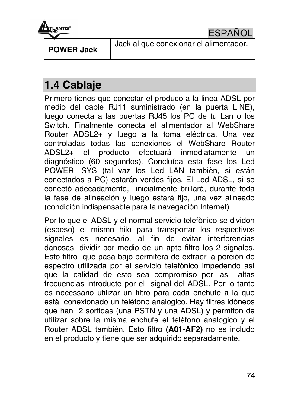 4 cablaje, Español | Atlantis Land WebShare A02-RA243-W54M User Manual | Page 73 / 85