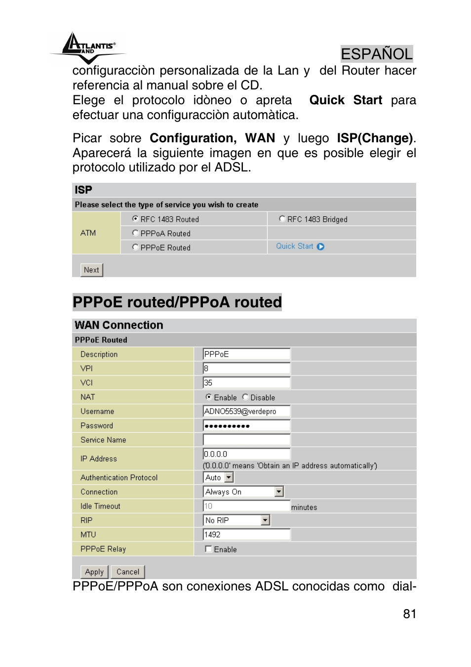 Español, Pppoe routed/pppoa routed | Atlantis Land WebShare A02-RA243-W54M User Manual | Page 80 / 85