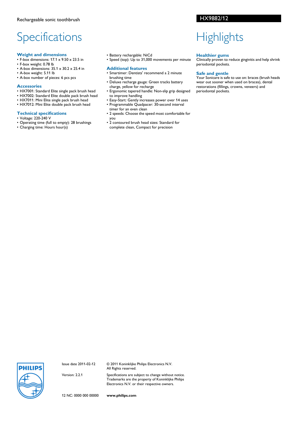 Specifications, Highlights | Philips HX9882-12 User Manual | Page 2 / 2