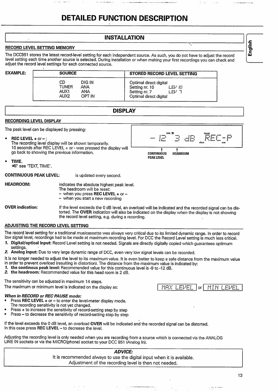 Record level settiimg memory, Recording level display, Continuous peak level | Headroom, Over indication, Adjusting the record level setting, Detailed function description, Installation | Philips DCC951-17S User Manual | Page 13 / 22
