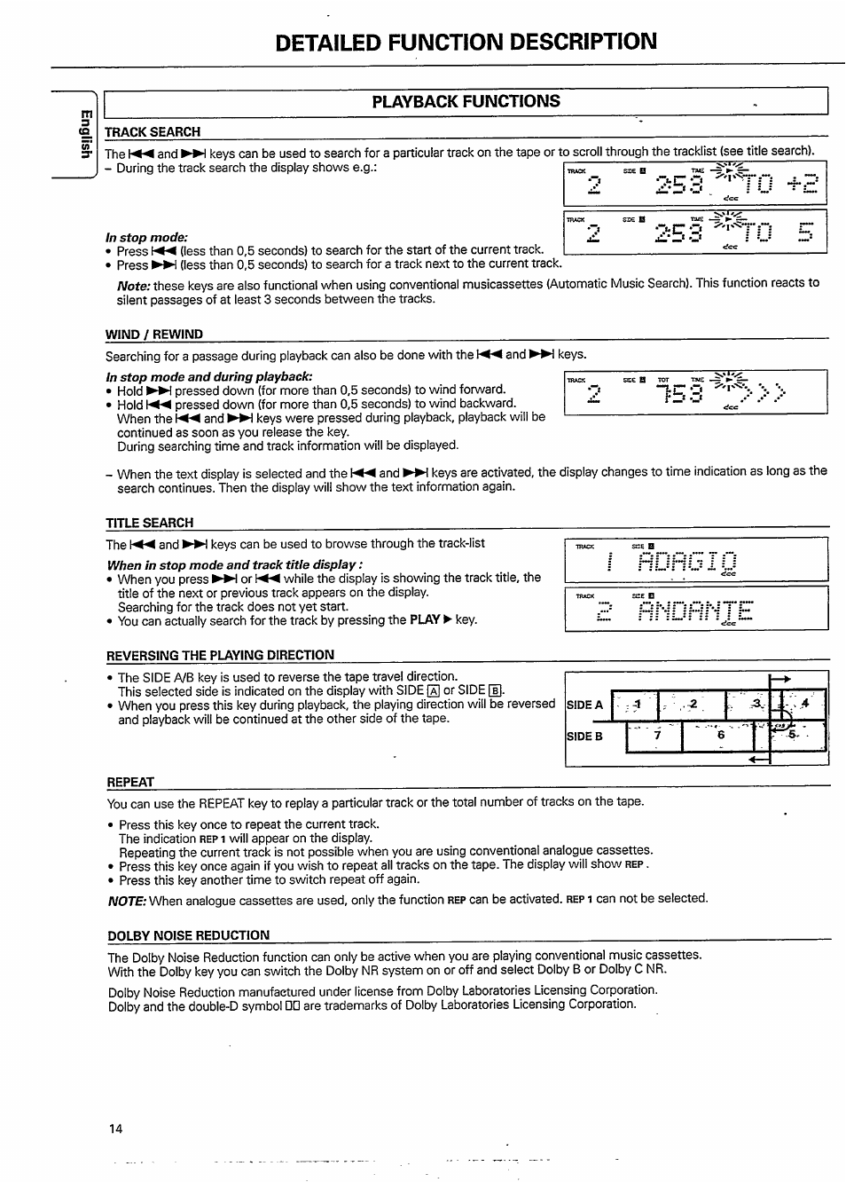 Track search, Wind / rewind, Title search | Reversing the playing direction, Repeat, Dolby noise reduction, Detaried function description, Playback functions | Philips DCC951-17S User Manual | Page 14 / 22