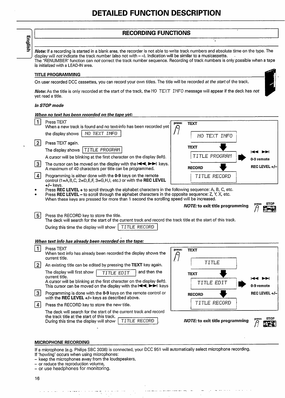 Title programming, Microphone recording, Detailed function description | Info, 1 i le f'rubrfln, Title, Ee tltle, It •le record | Philips DCC951-17S User Manual | Page 16 / 22