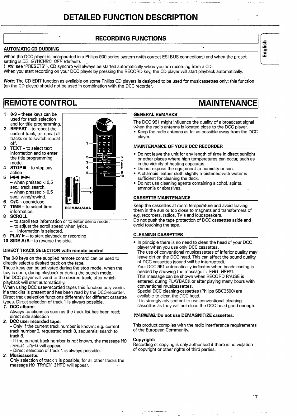 Automatic cd dubbing, Remote control, Maintenance | Detailed function description, Remote control maintenance | Philips DCC951-17S User Manual | Page 17 / 22