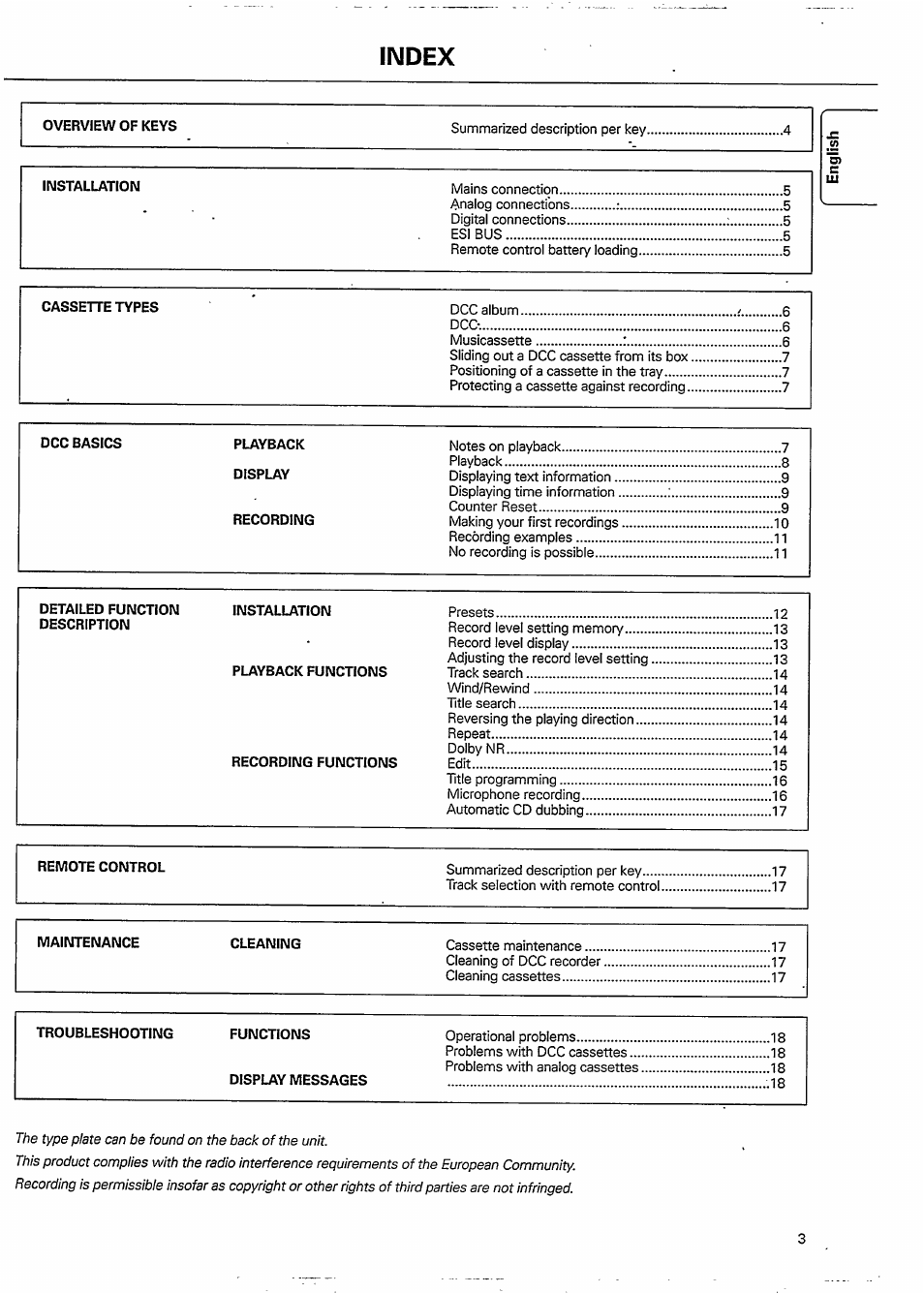 Index, Overview of keys, Installation | Cassette types, Dcc basics, Playback, Display, Recording, Detailed function description, Playback functions | Philips DCC951-17S User Manual | Page 3 / 22