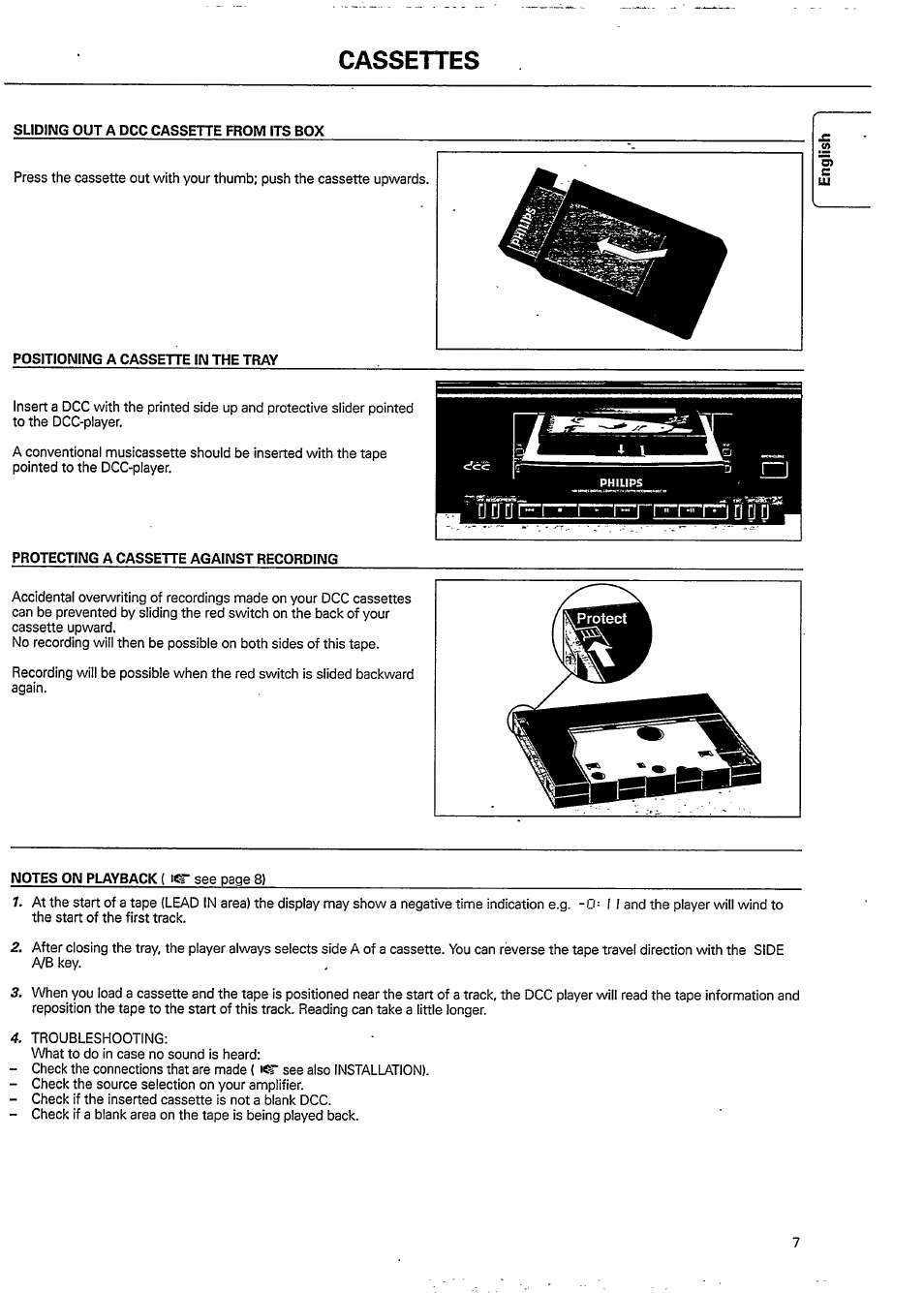 Cassettes, Sliding out a dcc cassette from its box, Positioning a cassette in the tray | Protecting a cassette against recording | Philips DCC951-17S User Manual | Page 7 / 22