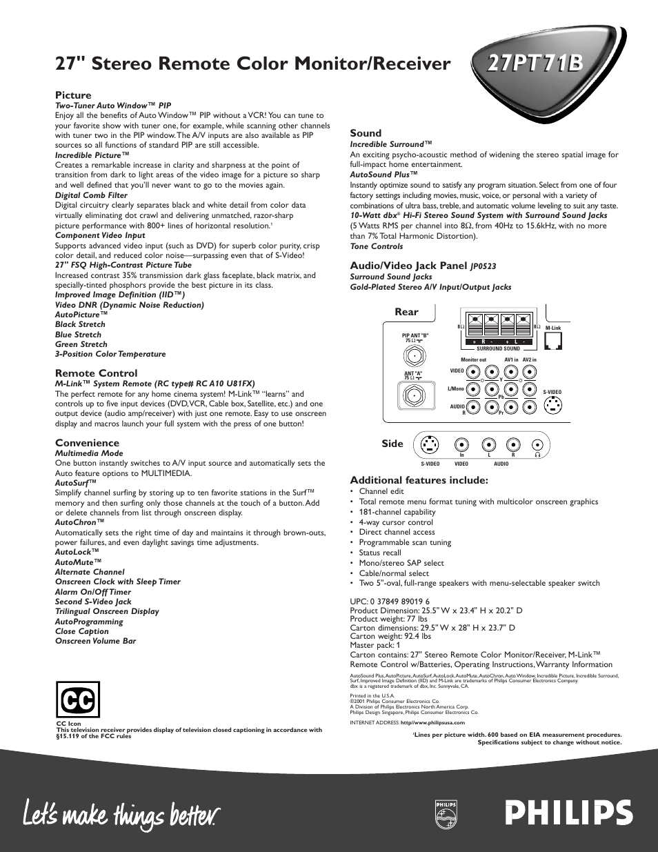 27pt71b, 27" stereo remote color monitor/receiver, Picture | Remote control, Convenience, Sound, Audio/video jack panel, Additional features include, Rear side | Philips 27PT71B User Manual | Page 2 / 2