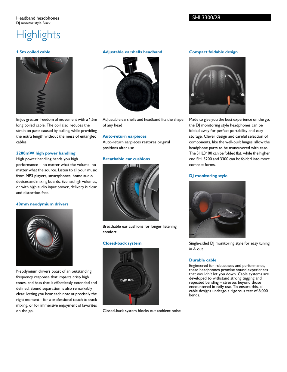 Highlights | Philips SHL3300-28 User Manual | Page 2 / 3