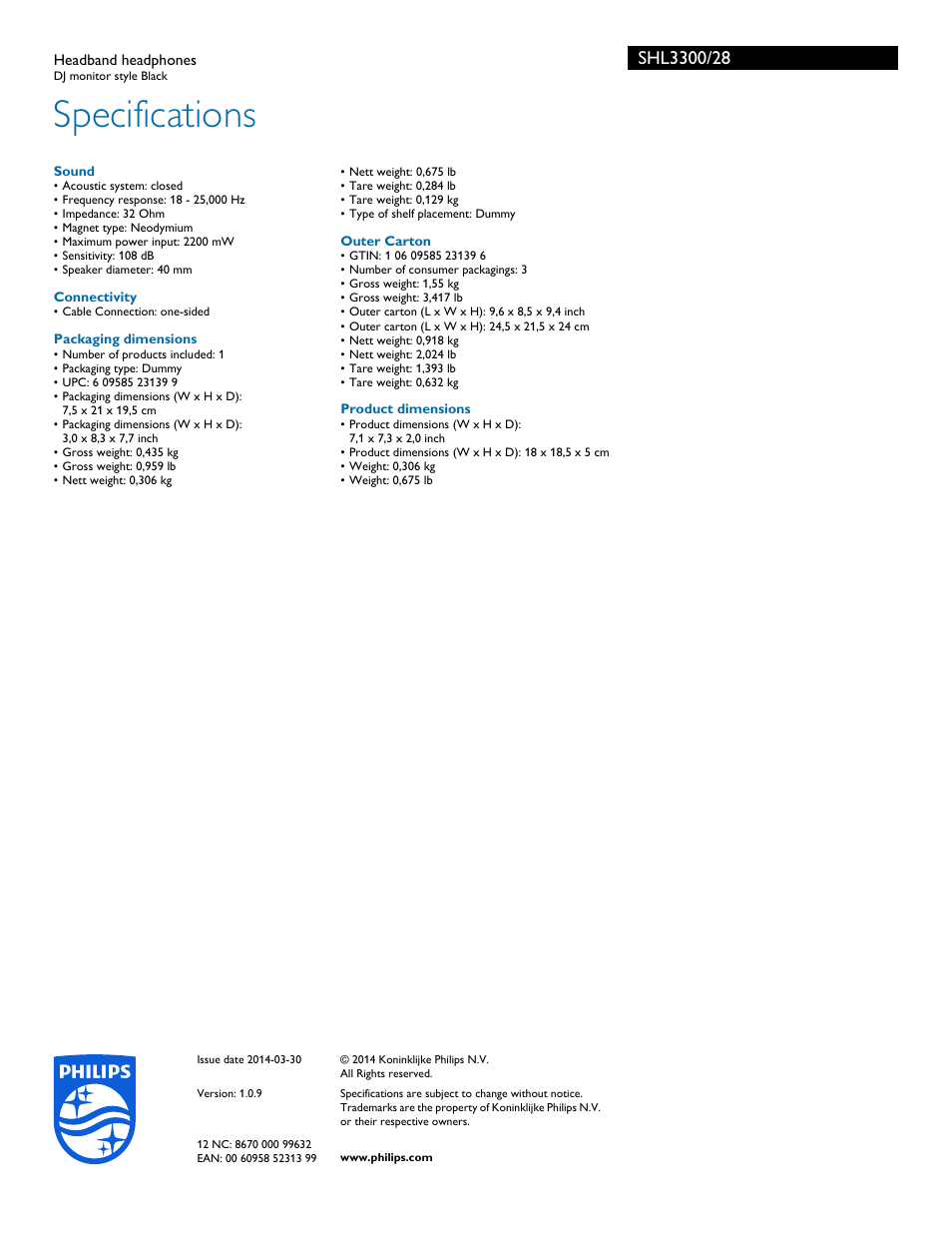 Specifications | Philips SHL3300-28 User Manual | Page 3 / 3