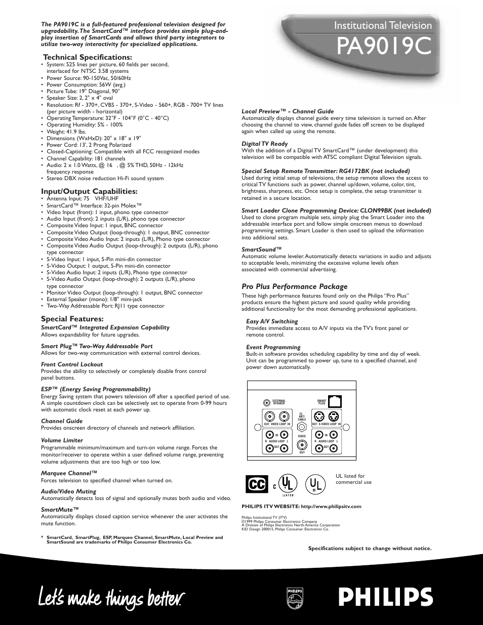 Pa9019c, Institutional television, Pro plus performance package | Technical specifications, Input/output capabilities, Special features | Philips PA9019C User Manual | Page 2 / 2