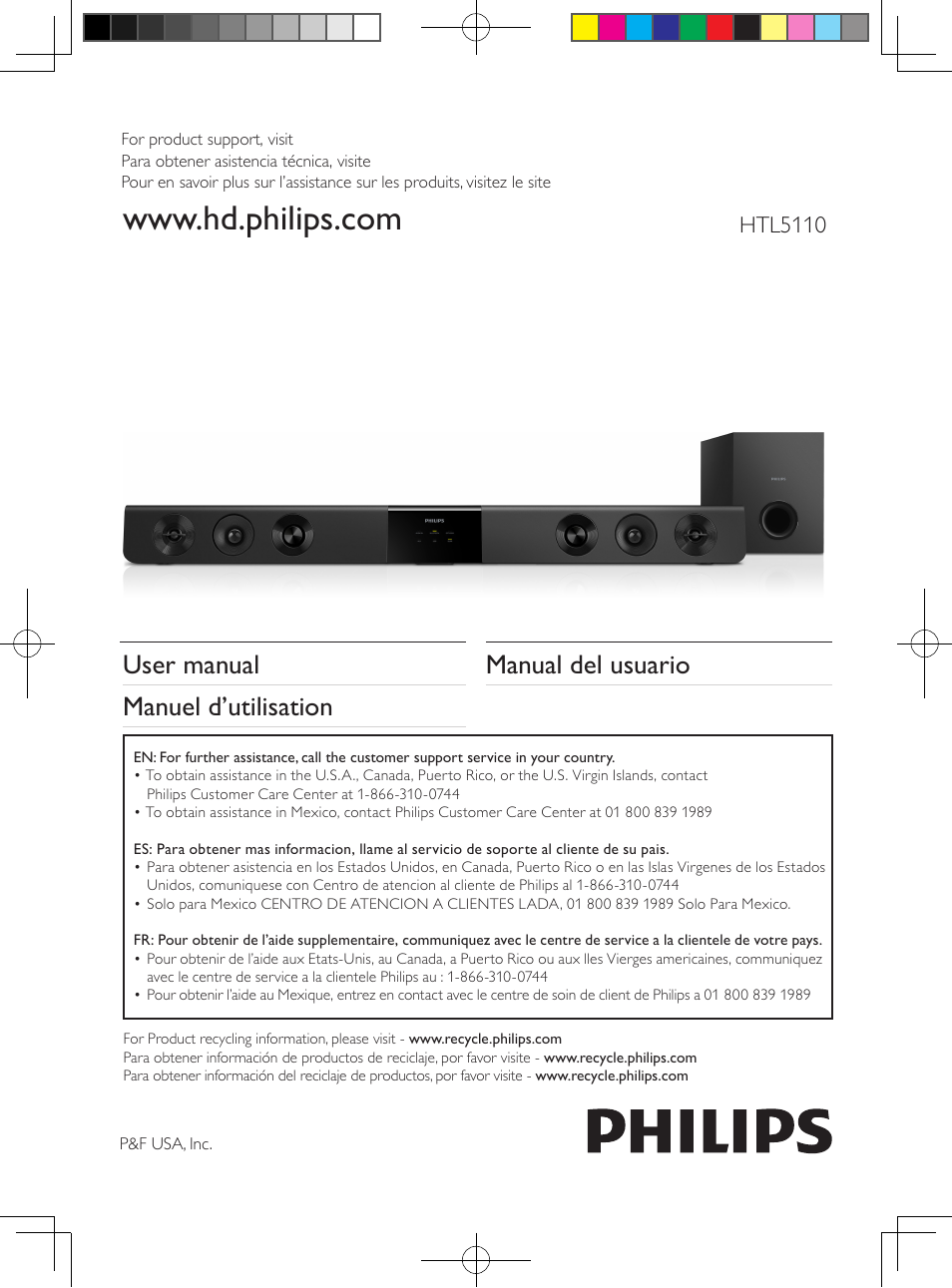 Philips Soundbar speaker HTL5110 Virtual surround Wireless subwoofer Opt Coax Aux in Audio in Bluetooth® User Manual | 17 pages