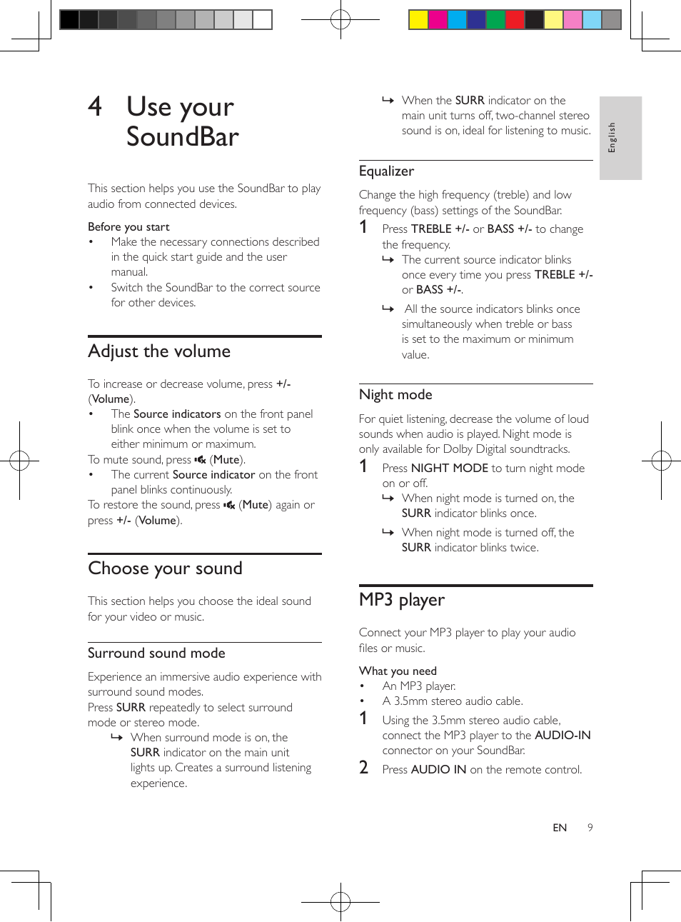 4 use your soundbar, Adjust the volume, Choose your sound | Mp3 player | Philips Soundbar speaker HTL5110 Virtual surround Wireless subwoofer Opt Coax Aux in Audio in Bluetooth® User Manual | Page 10 / 17