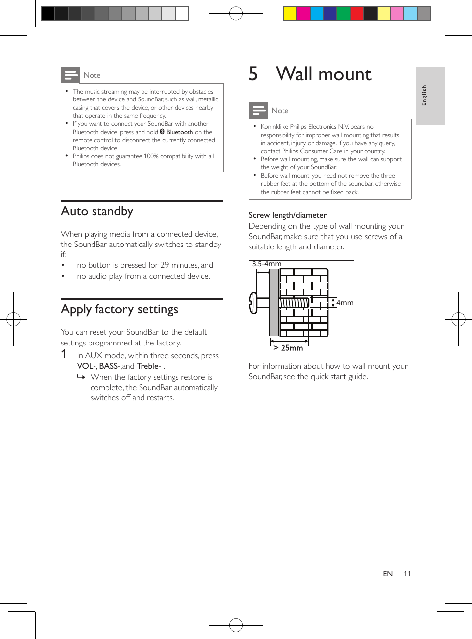 Usb storage devices, Play audio through bluetooth, Auto standby | Apply factory settings, 5 wall mount | Philips Soundbar speaker HTL5110 Virtual surround Wireless subwoofer Opt Coax Aux in Audio in Bluetooth® User Manual | Page 12 / 17