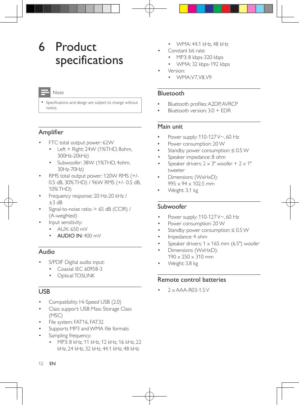 Auto standby, Apply factory settings, 6 product specifications | Philips Soundbar speaker HTL5110 Virtual surround Wireless subwoofer Opt Coax Aux in Audio in Bluetooth® User Manual | Page 13 / 17