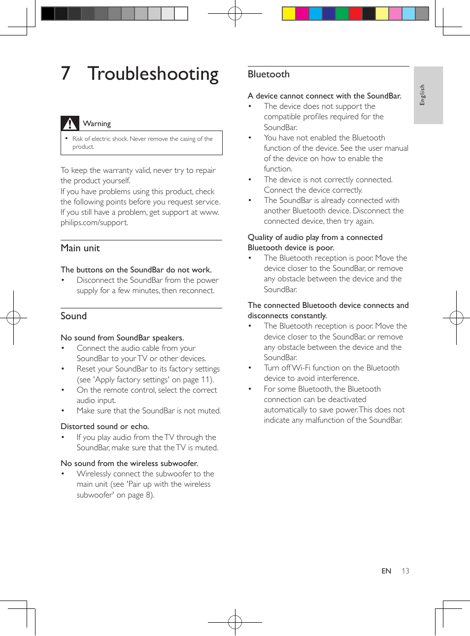 5 wall mount, 7 troubleshooting, Main unit | Sound, Bluetooth | Philips Soundbar speaker HTL5110 Virtual surround Wireless subwoofer Opt Coax Aux in Audio in Bluetooth® User Manual | Page 14 / 17