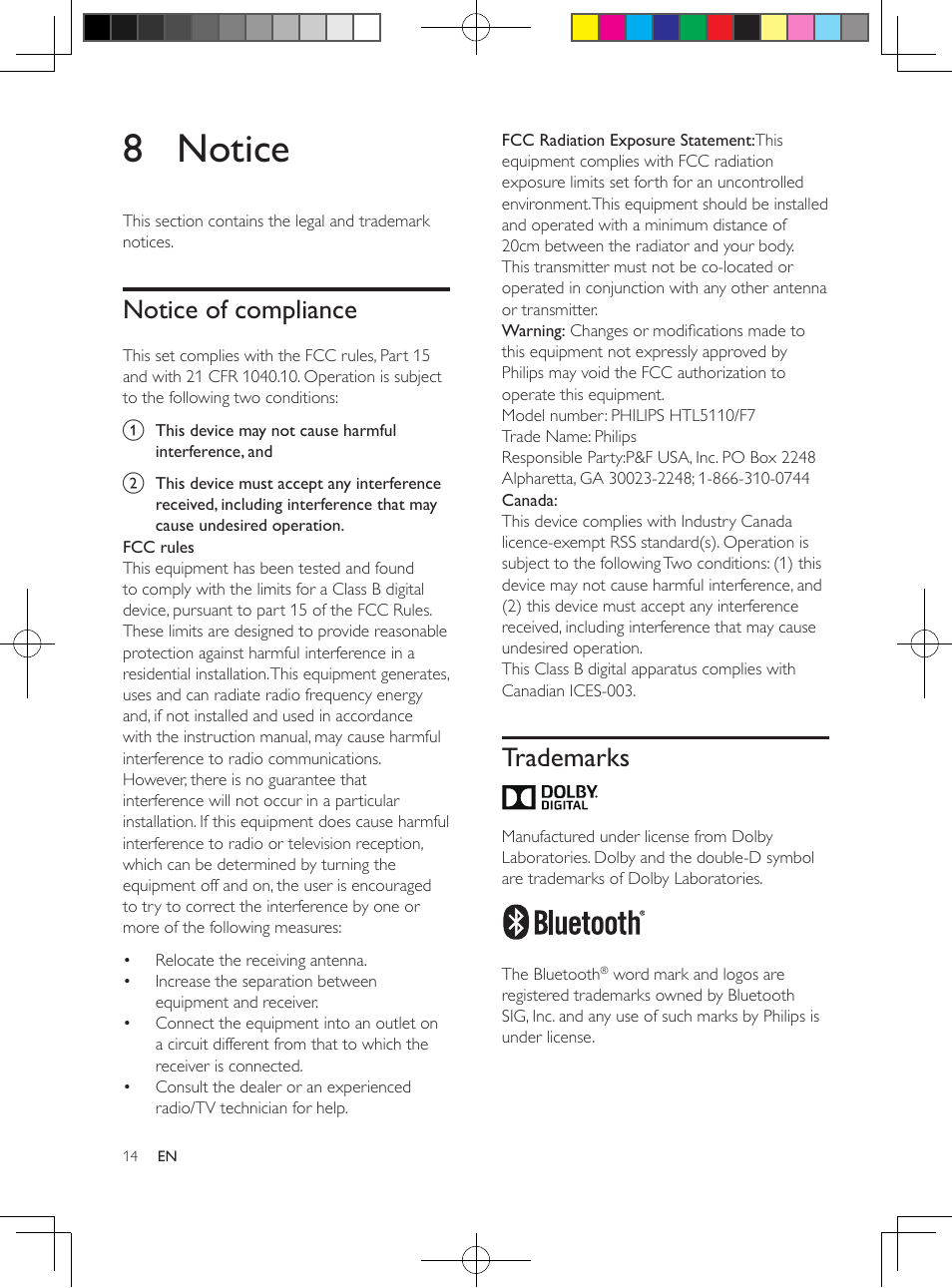 Amplifier, Audio, Bluetooth | Main unit, Subwoofer, Remote control batteries, 6 product specifications, 8 notice, Notice of compliance, Trademarks | Philips Soundbar speaker HTL5110 Virtual surround Wireless subwoofer Opt Coax Aux in Audio in Bluetooth® User Manual | Page 15 / 17