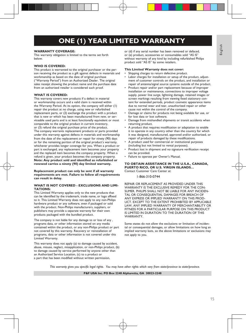 One (1) year limited warranty | Philips Soundbar speaker HTL5110 Virtual surround Wireless subwoofer Opt Coax Aux in Audio in Bluetooth® User Manual | Page 16 / 17