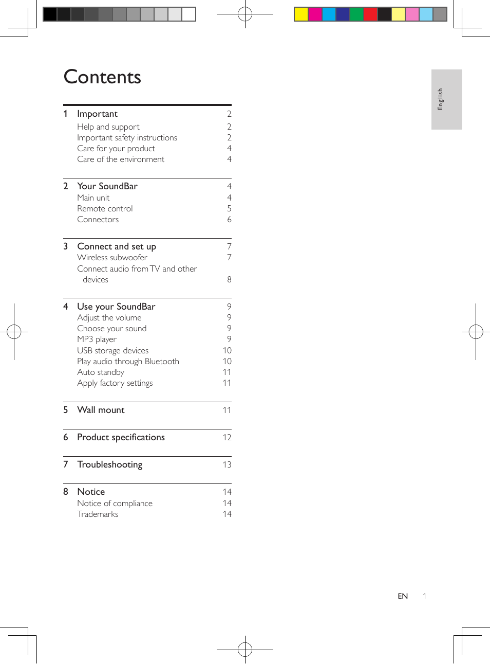 Philips Soundbar speaker HTL5110 Virtual surround Wireless subwoofer Opt Coax Aux in Audio in Bluetooth® User Manual | Page 2 / 17