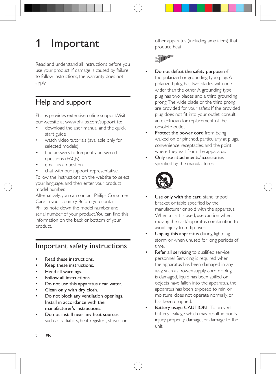 1 important, Help and support, Important safety instructions | Philips Soundbar speaker HTL5110 Virtual surround Wireless subwoofer Opt Coax Aux in Audio in Bluetooth® User Manual | Page 3 / 17