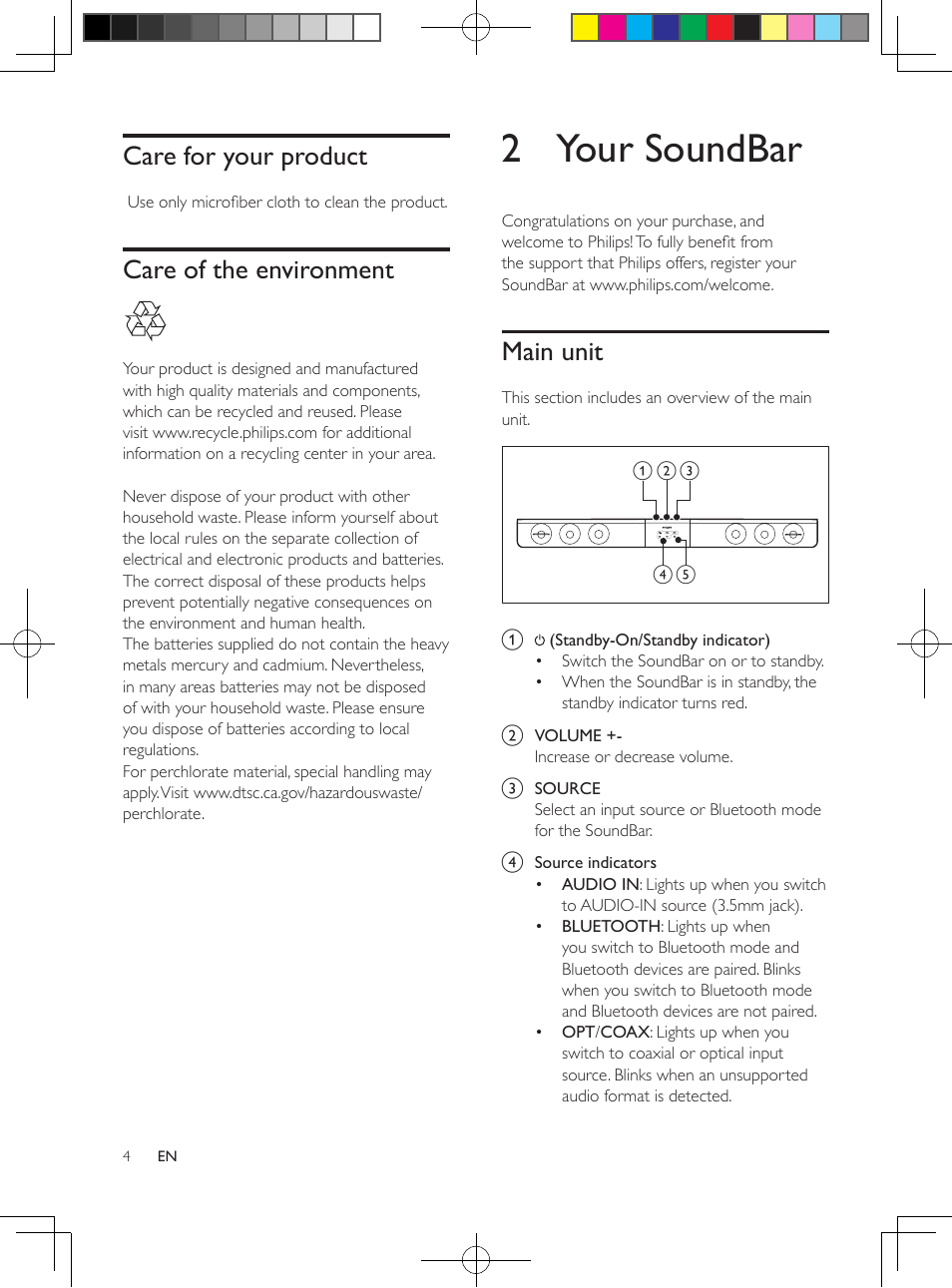 Care for your product, Care of the environment, 2 your soundbar | Main unit | Philips Soundbar speaker HTL5110 Virtual surround Wireless subwoofer Opt Coax Aux in Audio in Bluetooth® User Manual | Page 5 / 17