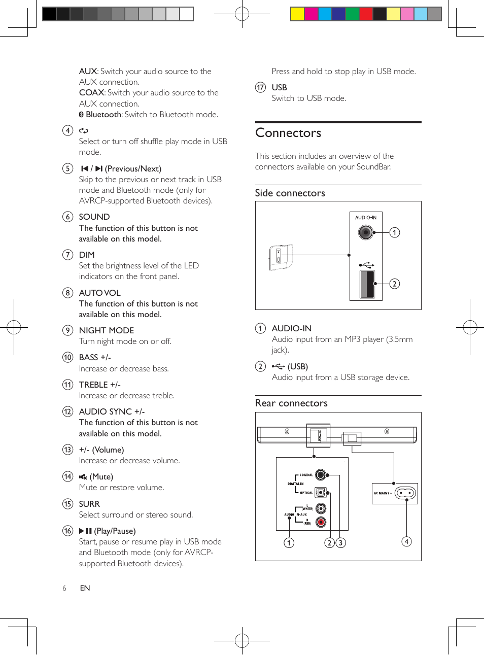 Connectors | Philips Soundbar speaker HTL5110 Virtual surround Wireless subwoofer Opt Coax Aux in Audio in Bluetooth® User Manual | Page 7 / 17