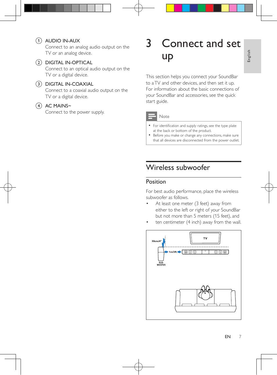 Connectors, Side connectors, Rear connectors | 3 connect and set up, Wireless subwoofer | Philips Soundbar speaker HTL5110 Virtual surround Wireless subwoofer Opt Coax Aux in Audio in Bluetooth® User Manual | Page 8 / 17