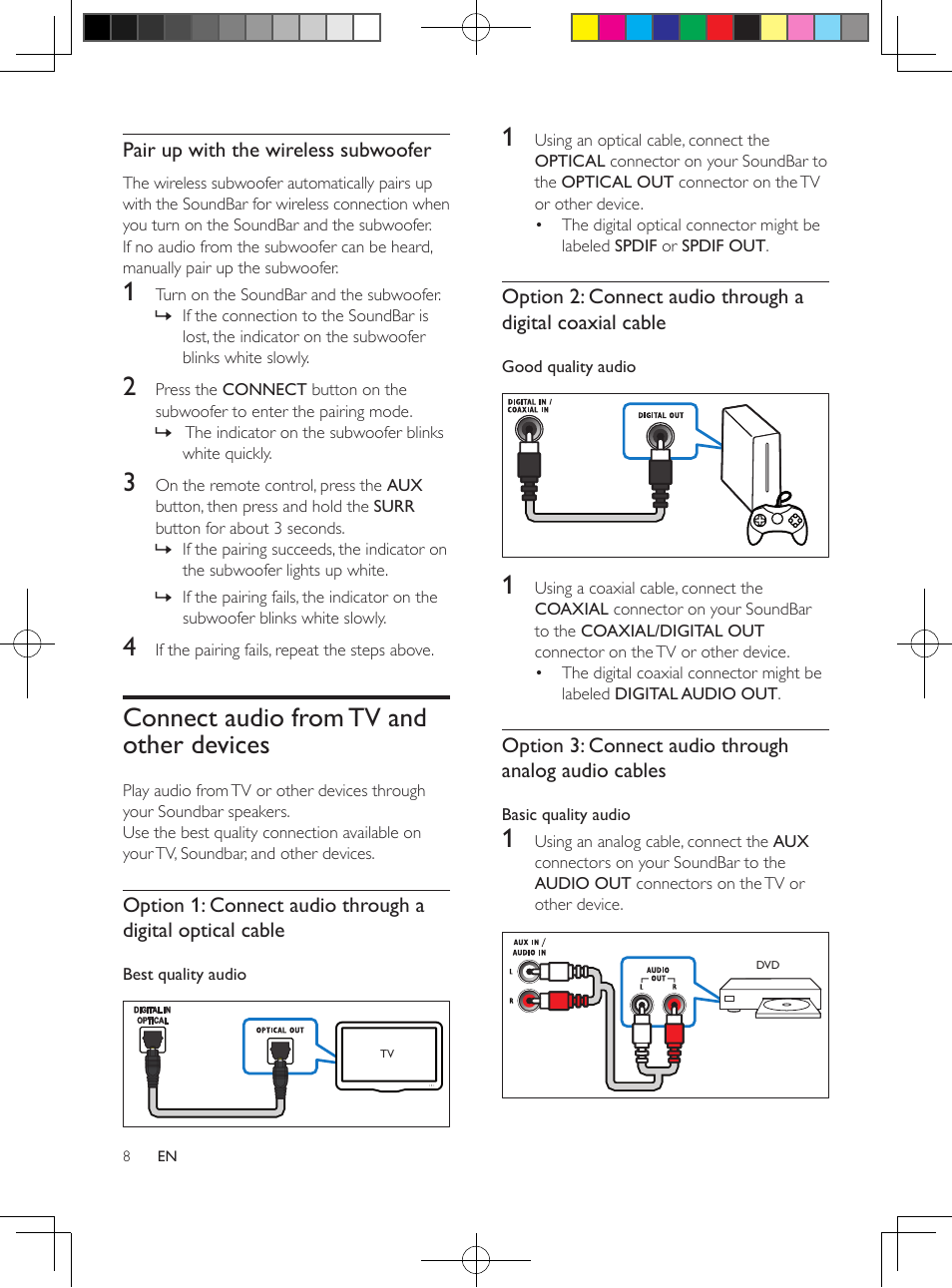 3 connect and set up, Wireless subwoofer, Position | Pair up with the wireless subwoofer, Connect audio from tv and other devices, Connect audio from tv and other, Devices | Philips Soundbar speaker HTL5110 Virtual surround Wireless subwoofer Opt Coax Aux in Audio in Bluetooth® User Manual | Page 9 / 17