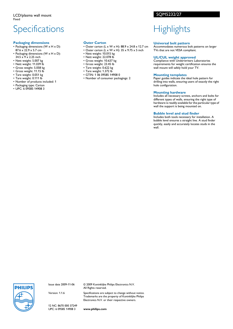 Specifications, Highlights | Philips SQM5232-27 User Manual | Page 2 / 2