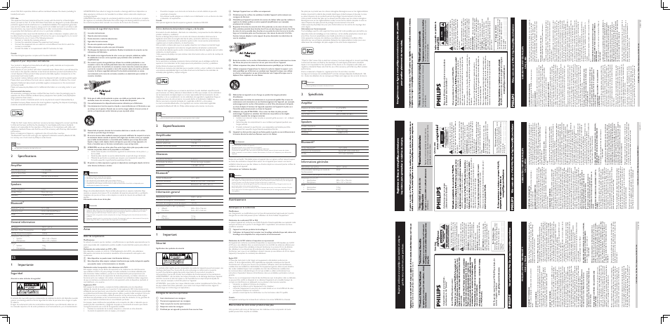 2 specifications, 1 importante, 2 especificaciones | 1 important, 2 spécificités, Amplifier, Speakers, Bluetooth, General information, Seguridad | Philips AEA7100-17 User Manual | Page 2 / 2