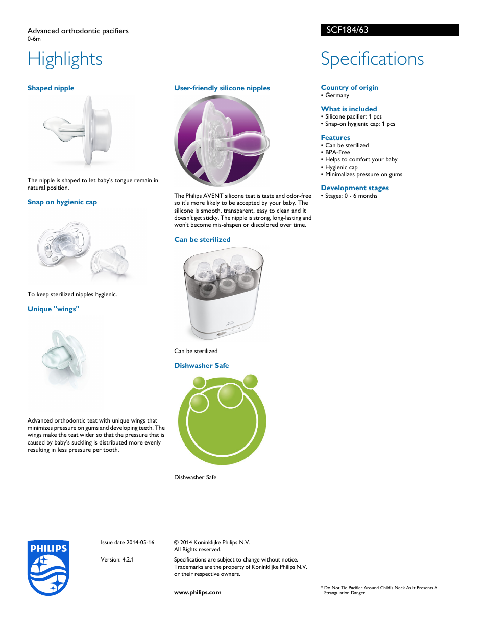 Highlights, Specifications | Philips SCF184-63 User Manual | Page 2 / 2