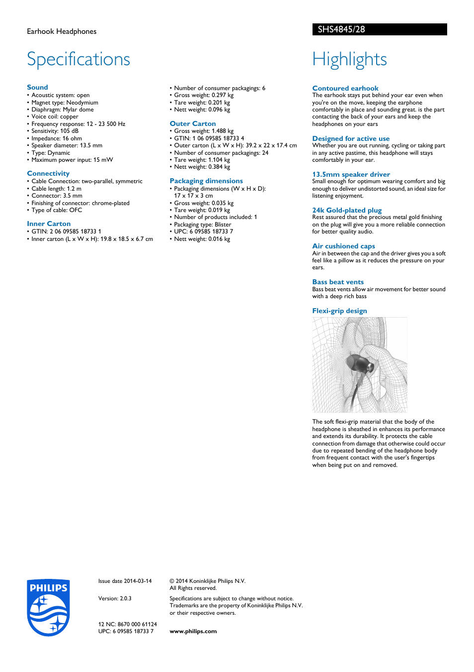 Specifications, Highlights | Philips SHS4845-28 User Manual | Page 2 / 2