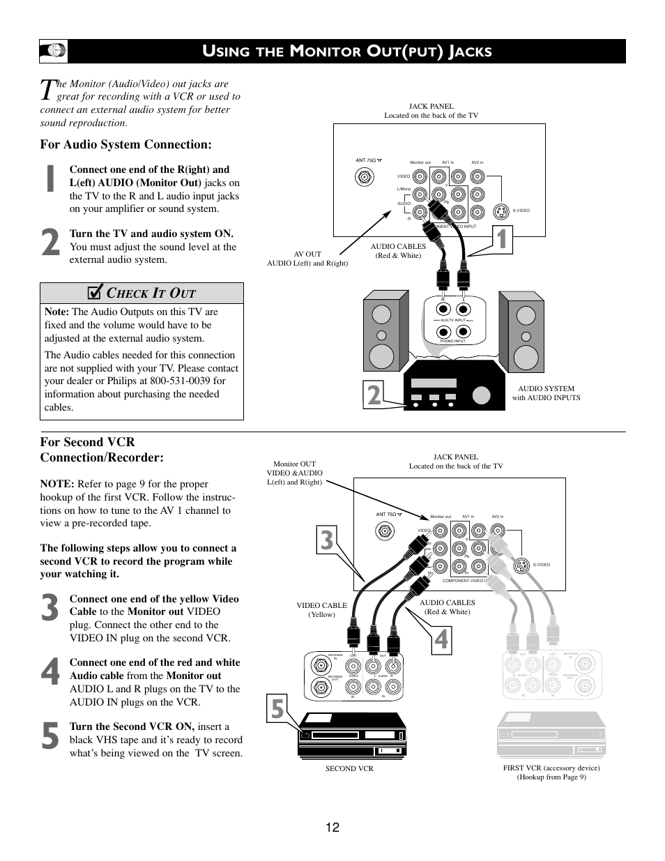 Cc c, For audio system connection, For second vcr connection/recorder | Sing the, Onitor, Acks | Philips 20PT643R-17 User Manual | Page 12 / 40