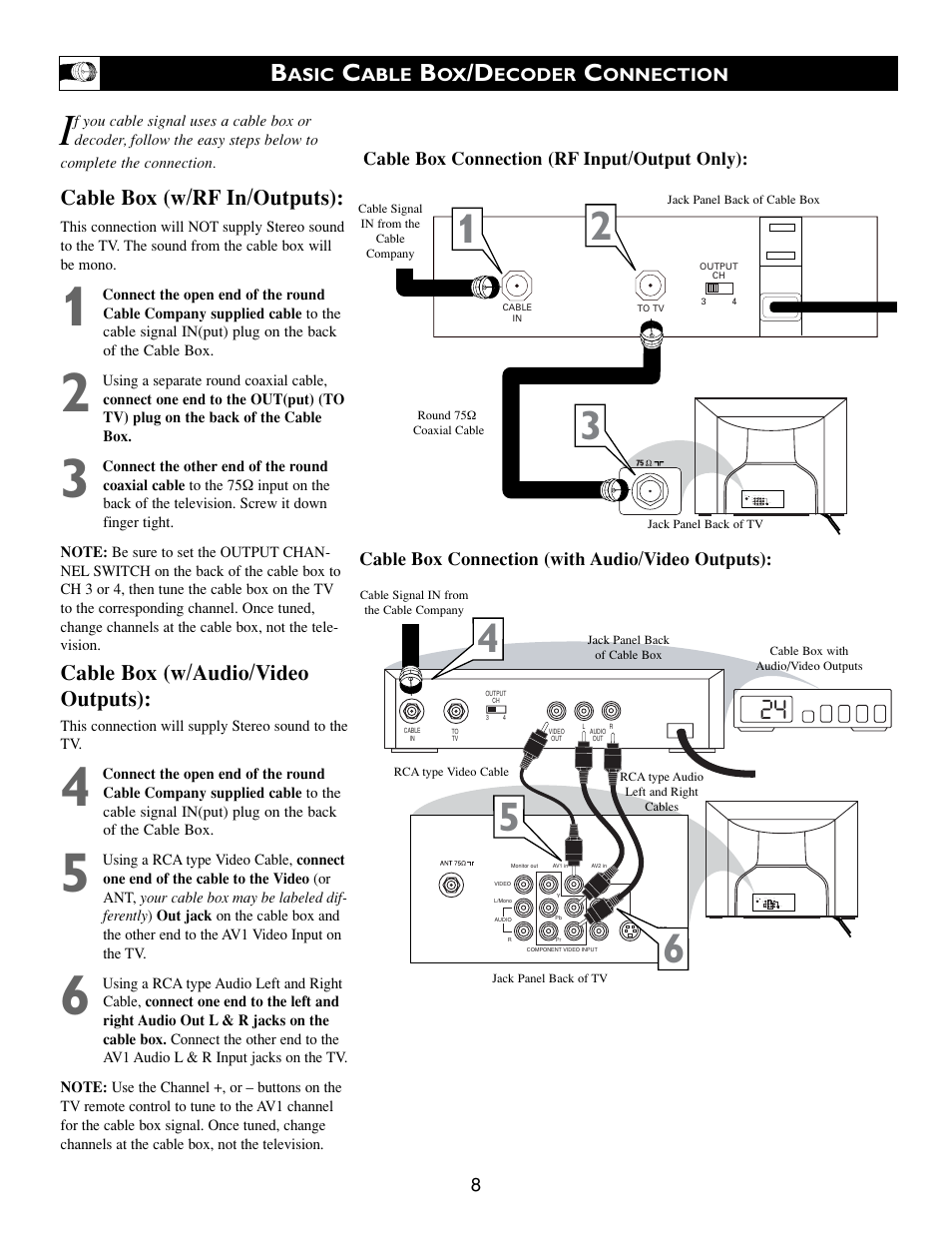 Cable box (w/rf in/outputs), Cable box (w/audio/video outputs) | Philips 20PT643R-17 User Manual | Page 8 / 40