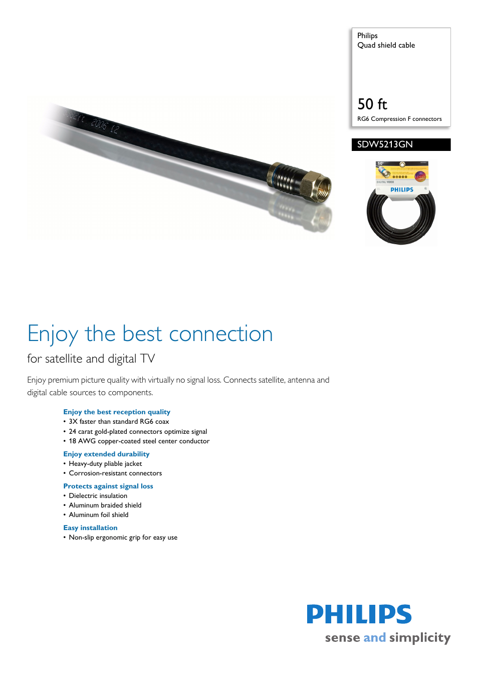 Philips Quad shield cable SDW5213GN 50 ft RG6 Compression F connectors User Manual | 2 pages