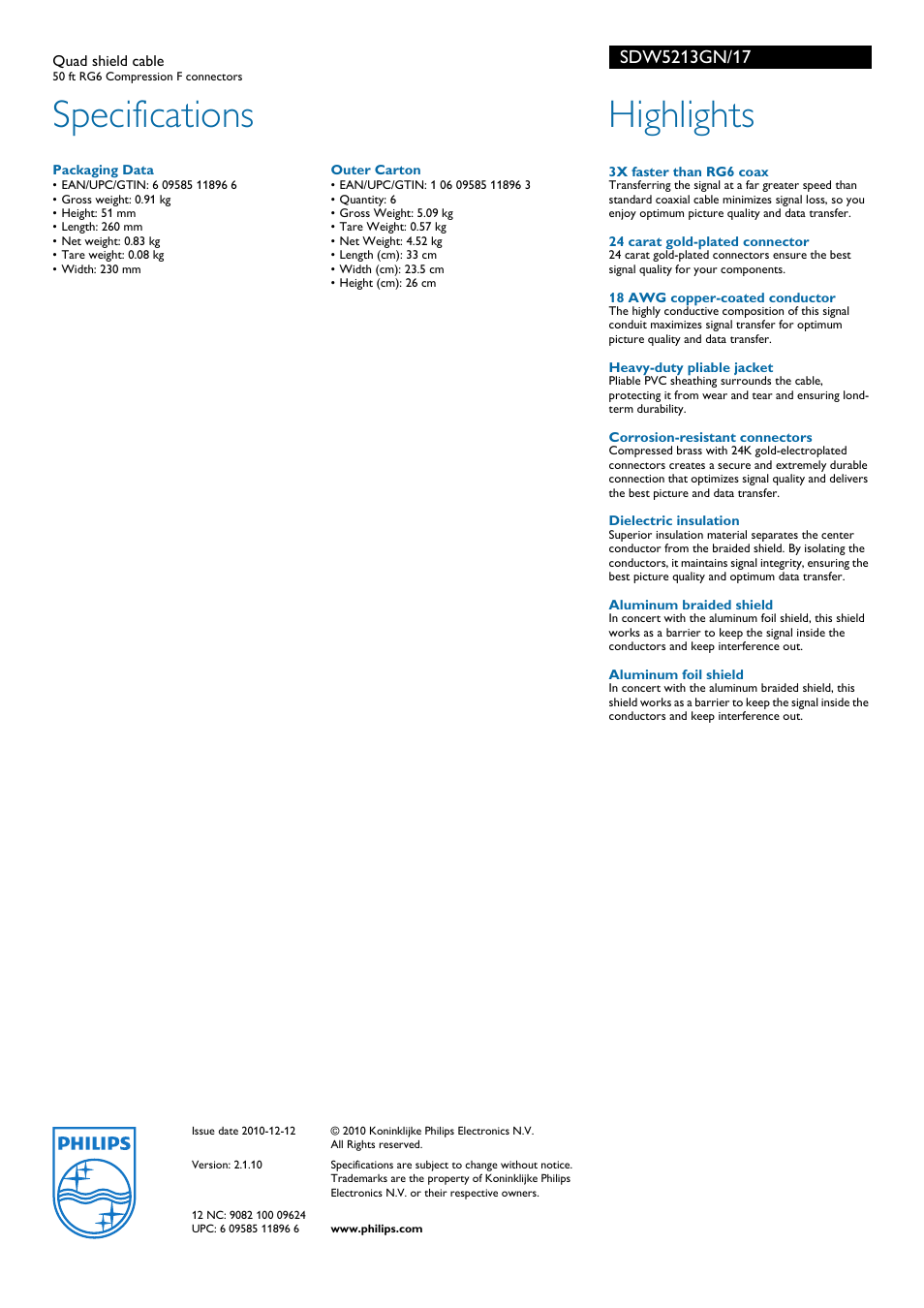 Specifications, Highlights | Philips Quad shield cable SDW5213GN 50 ft RG6 Compression F connectors User Manual | Page 2 / 2