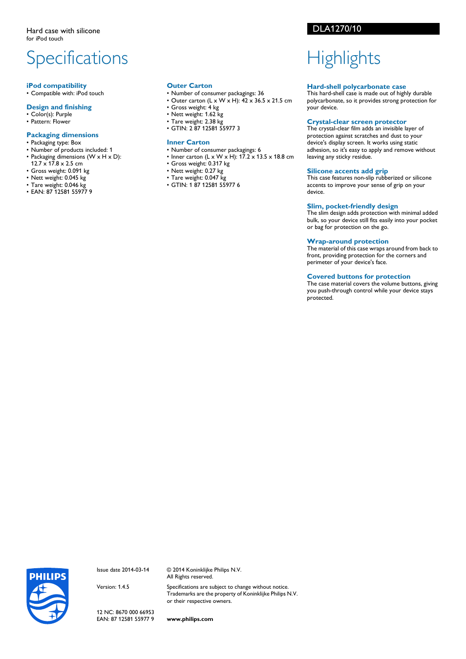 Specifications, Highlights | Philips DLA1270-10 User Manual | Page 2 / 2