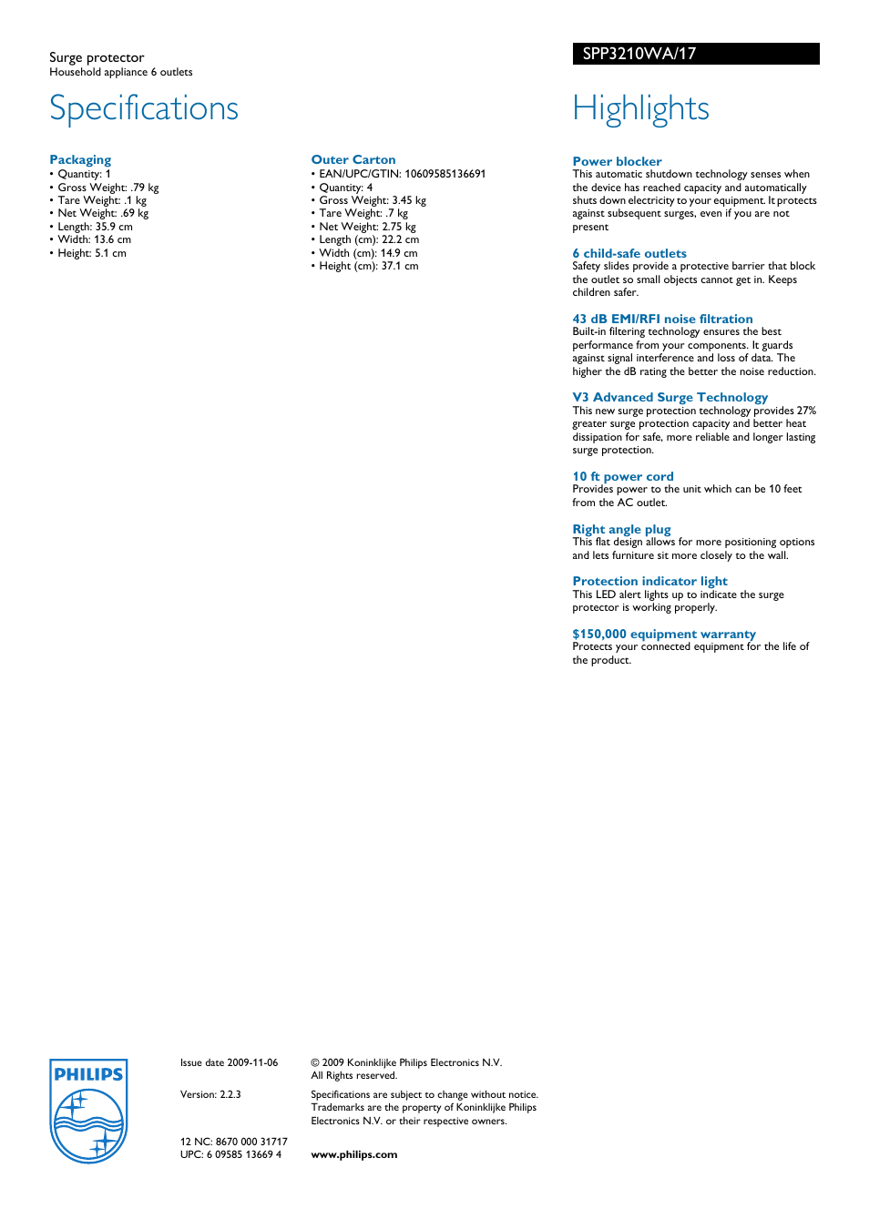 Specifications, Highlights | Philips SPP3210WA-17 User Manual | Page 2 / 2