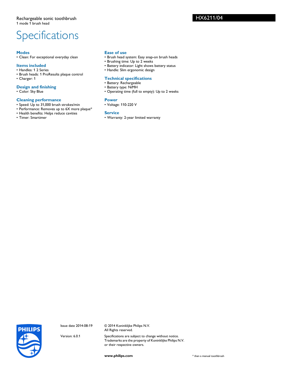 Specifications | Philips HX6211-04 User Manual | Page 3 / 3